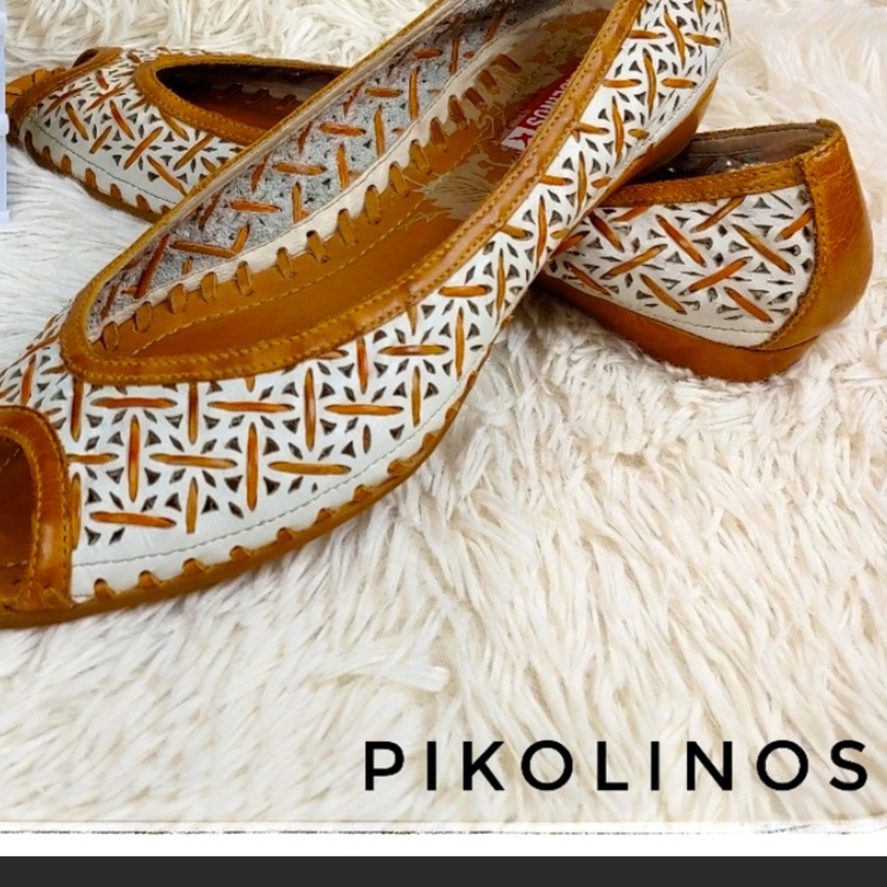 Pikolinos White/Caramel Leather Woven Cut Out Peep